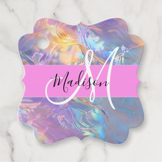 Mädchenrosa Holografisch Iridescent Monogram Name Geschenkanhänger (Vorderseite)