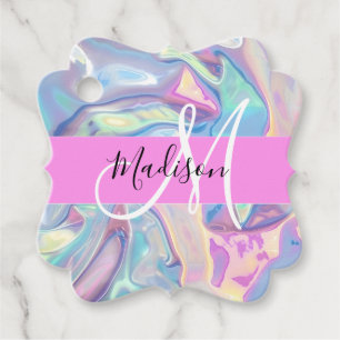 Mädchenrosa Holografisch Iridescent Monogram Name Geschenkanhänger