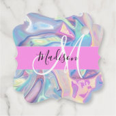 Mädchenrosa Holografisch Iridescent Monogram Name Geschenkanhänger (Rückseite)