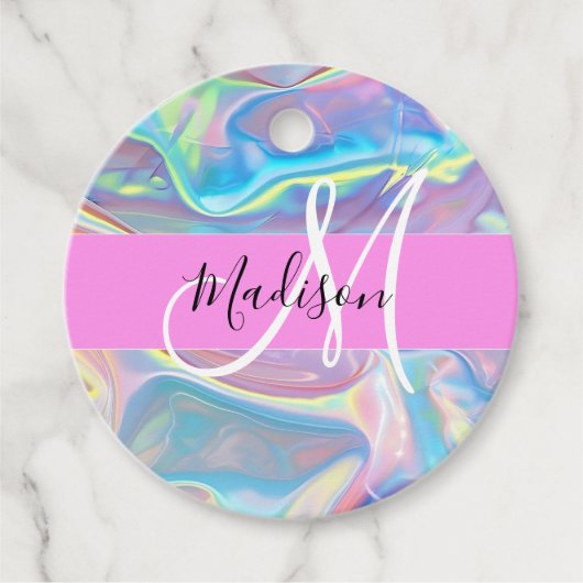 Mädchenrosa Holografisch Iridescent Monogram Name Geschenkanhänger (Vorderseite)