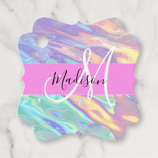 Mädchenrosa Holografisch Iridescent Monogram Name Geschenkanhänger (Vorderseite)