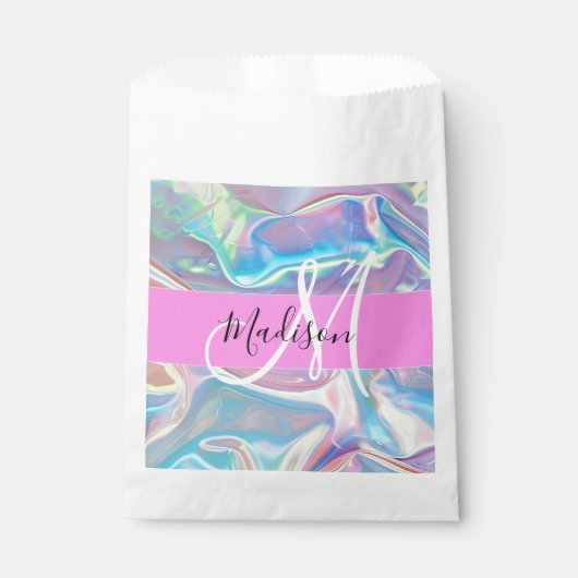 Mädchenrosa Holografisch Iridescent Monogram Name Geschenktütchen (Vorderseite)