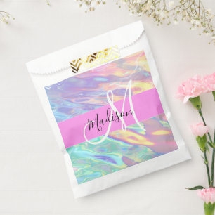 Mädchenrosa Holografisch Iridescent Monogram Name Geschenktütchen