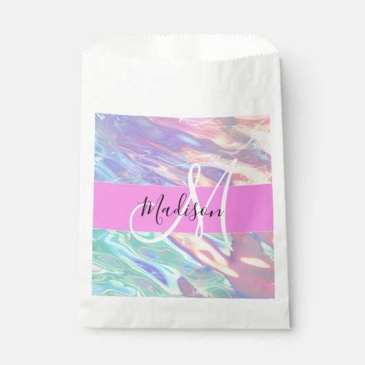 Mädchenrosa Holografisch Iridescent Monogram Name Geschenktütchen (Vorderseite)