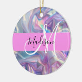 Mädchenrosa Holografisch Iridescent Monogram Name Keramik Ornament (Links)