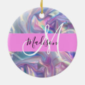 Mädchenrosa Holografisch Iridescent Monogram Name Keramik Ornament (Hinten)
