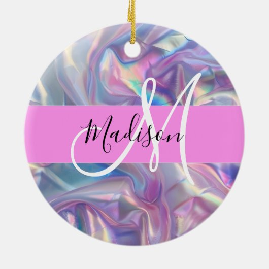 Mädchenrosa Holografisch Iridescent Monogram Name Keramik Ornament (Hinten)