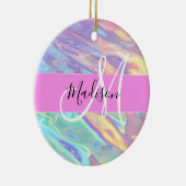 Mädchenrosa Holografisch Iridescent Monogram Name Keramik Ornament (Rechts)