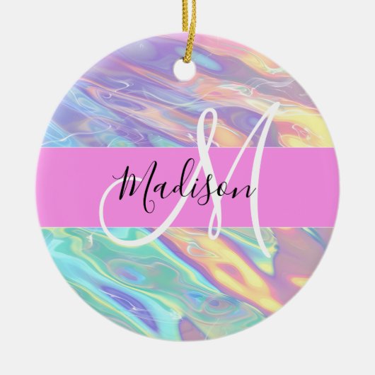 Mädchenrosa Holografisch Iridescent Monogram Name Keramik Ornament (Vorne)