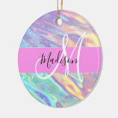 Mädchenrosa Holografisch Iridescent Monogram Name Keramik Ornament (Links)