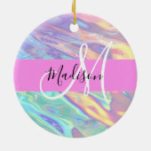 Mädchenrosa Holografisch Iridescent Monogram Name Keramik Ornament (Hinten)