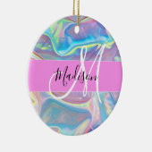 Mädchenrosa Holografisch Iridescent Monogram Name Keramik Ornament (Rechts)