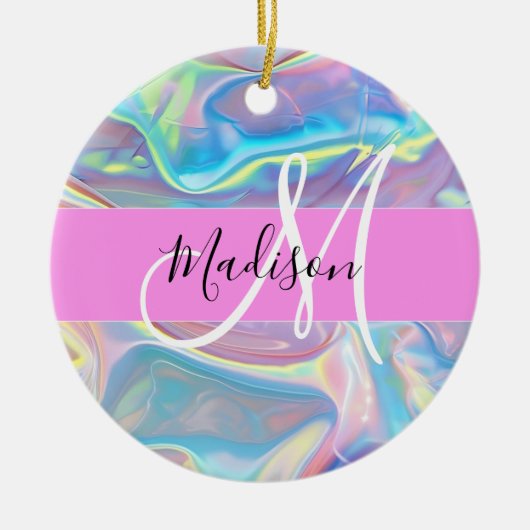 Mädchenrosa Holografisch Iridescent Monogram Name Keramik Ornament (Vorne)