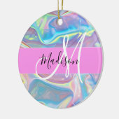 Mädchenrosa Holografisch Iridescent Monogram Name Keramik Ornament (Links)