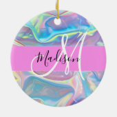 Mädchenrosa Holografisch Iridescent Monogram Name Keramik Ornament (Hinten)