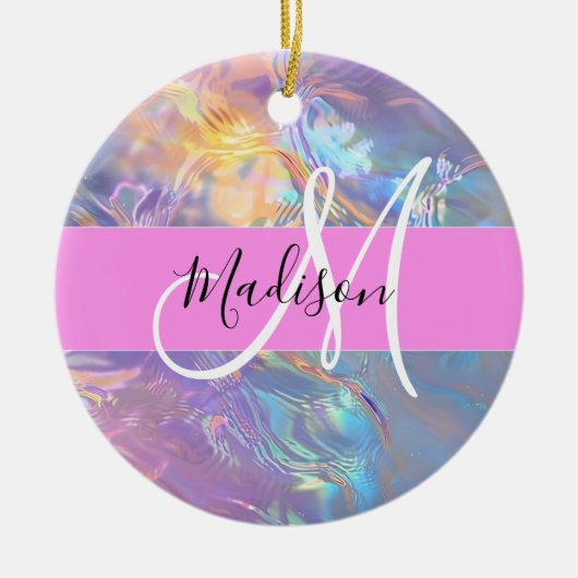 Mädchenrosa Holografisch Iridescent Monogram Name Keramik Ornament (Vorne)