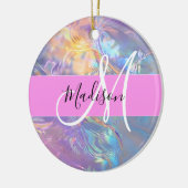 Mädchenrosa Holografisch Iridescent Monogram Name Keramik Ornament (Links)