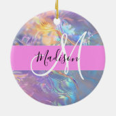 Mädchenrosa Holografisch Iridescent Monogram Name Keramik Ornament (Hinten)