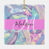 Mädchenrosa Holografisch Iridescent Monogram Name Keramikornament (Rückseite)