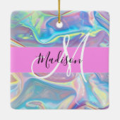Mädchenrosa Holografisch Iridescent Monogram Name Keramikornament (Rückseite)