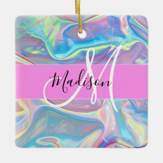 Mädchenrosa Holografisch Iridescent Monogram Name Keramikornament