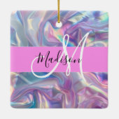 Mädchenrosa Holografisch Iridescent Monogram Name Keramikornament (Rückseite)