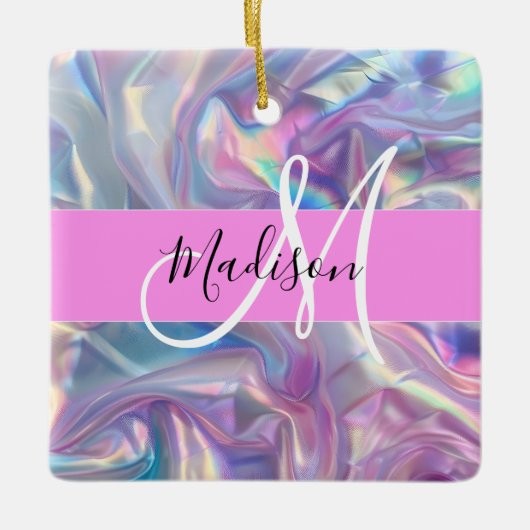 Mädchenrosa Holografisch Iridescent Monogram Name Keramikornament (Vorderseite)