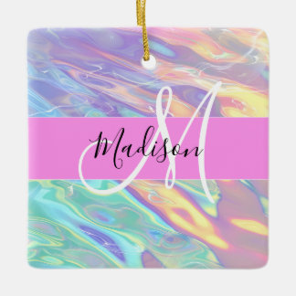 Mädchenrosa Holografisch Iridescent Monogram Name Keramikornament