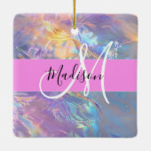 Mädchenrosa Holografisch Iridescent Monogram Name Keramikornament (Rückseite)