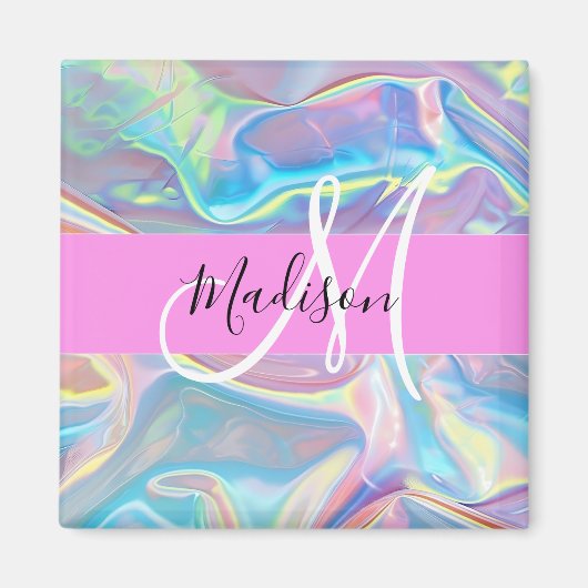 Mädchenrosa Holografisch Iridescent Monogram Name Magnet (Vorne)