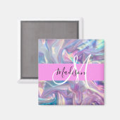 Mädchenrosa Holografisch Iridescent Monogram Name Magnet (Vorderseite/Rückseite)