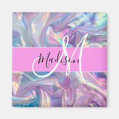 Mädchenrosa Holografisch Iridescent Monogram Name Magnet (Vorne)