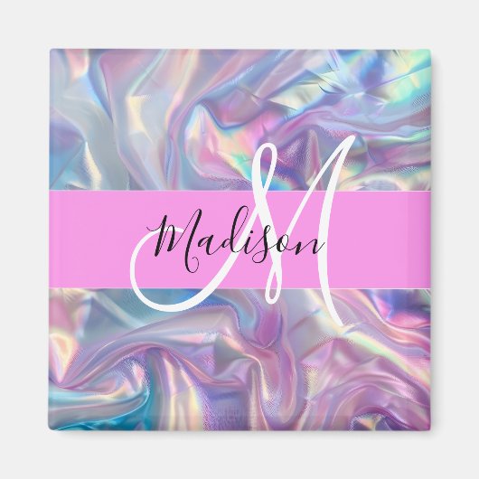 Mädchenrosa Holografisch Iridescent Monogram Name Magnet (Vorne)