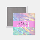 Mädchenrosa Holografisch Iridescent Monogram Name Magnet (Vorderseite/Rückseite)