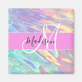Mädchenrosa Holografisch Iridescent Monogram Name Magnet (Vorne)