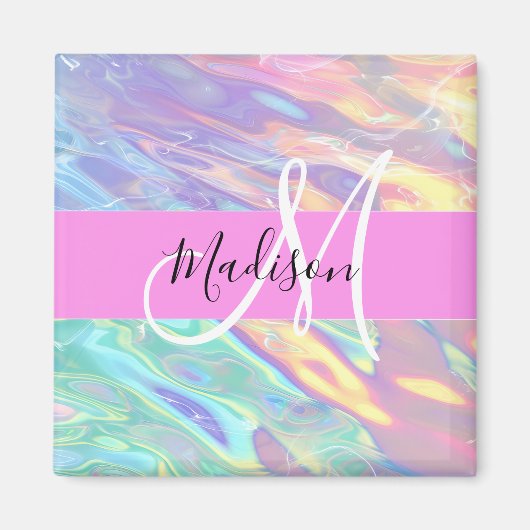 Mädchenrosa Holografisch Iridescent Monogram Name Magnet (Vorne)