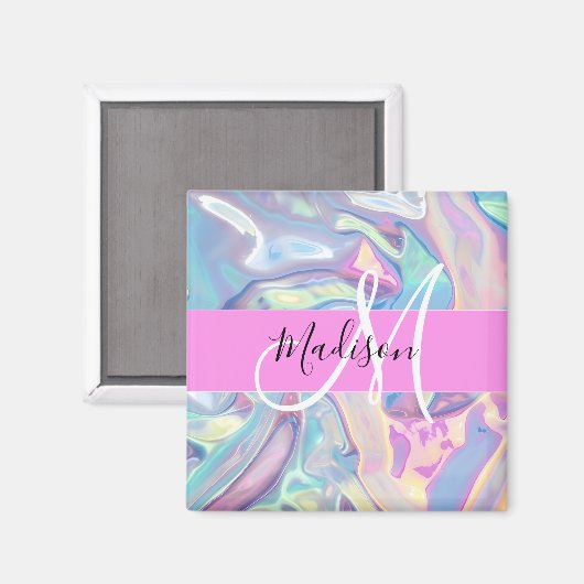Mädchenrosa Holografisch Iridescent Monogram Name Magnet (Vorderseite/Rückseite)