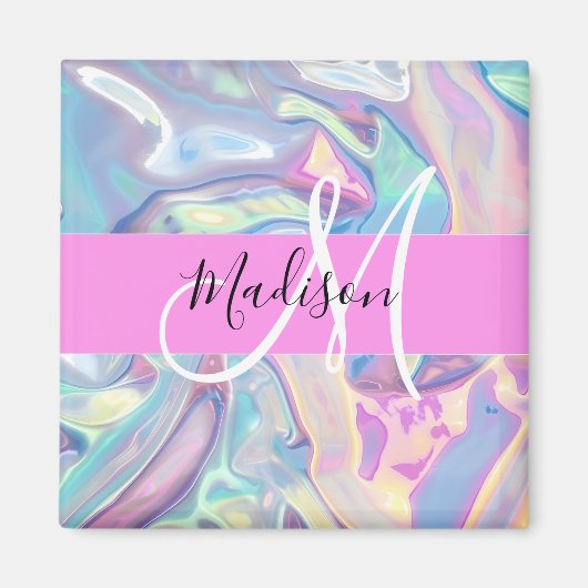Mädchenrosa Holografisch Iridescent Monogram Name Magnet (Vorne)