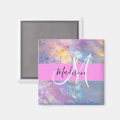 Mädchenrosa Holografisch Iridescent Monogram Name Magnet (Vorderseite/Rückseite)