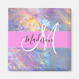 Mädchenrosa Holografisch Iridescent Monogram Name Magnet