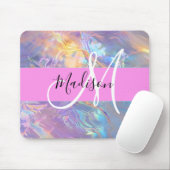 Mädchenrosa Holografisch Iridescent Monogram Name Mousepad (Mit Mouse)
