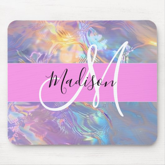 Mädchenrosa Holografisch Iridescent Monogram Name Mousepad (Vorne)