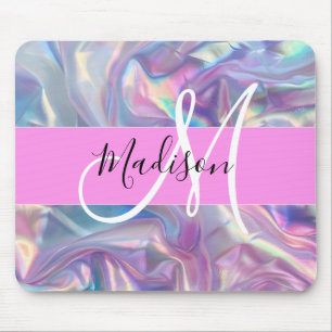 Mädchenrosa Holografisch Iridescent Monogram Name Mousepad