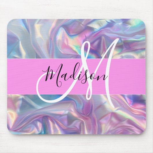 Mädchenrosa Holografisch Iridescent Monogram Name Mousepad (Vorne)