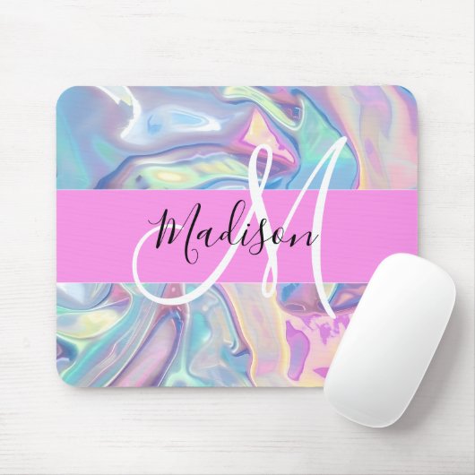 Mädchenrosa Holografisch Iridescent Monogram Name Mousepad (Mit Mouse)