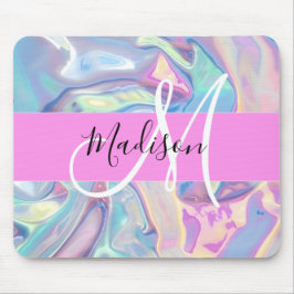 Mädchenrosa Holografisch Iridescent Monogram Name Mousepad