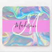 Mädchenrosa Holografisch Iridescent Monogram Name Mousepad (Vorne)