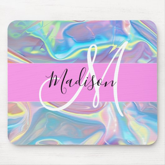 Mädchenrosa Holografisch Iridescent Monogram Name Mousepad (Vorne)