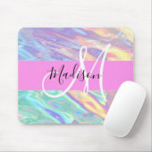 Mädchenrosa Holografisch Iridescent Monogram Name Mousepad (Mit Mouse)