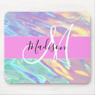 Mädchenrosa Holografisch Iridescent Monogram Name Mousepad